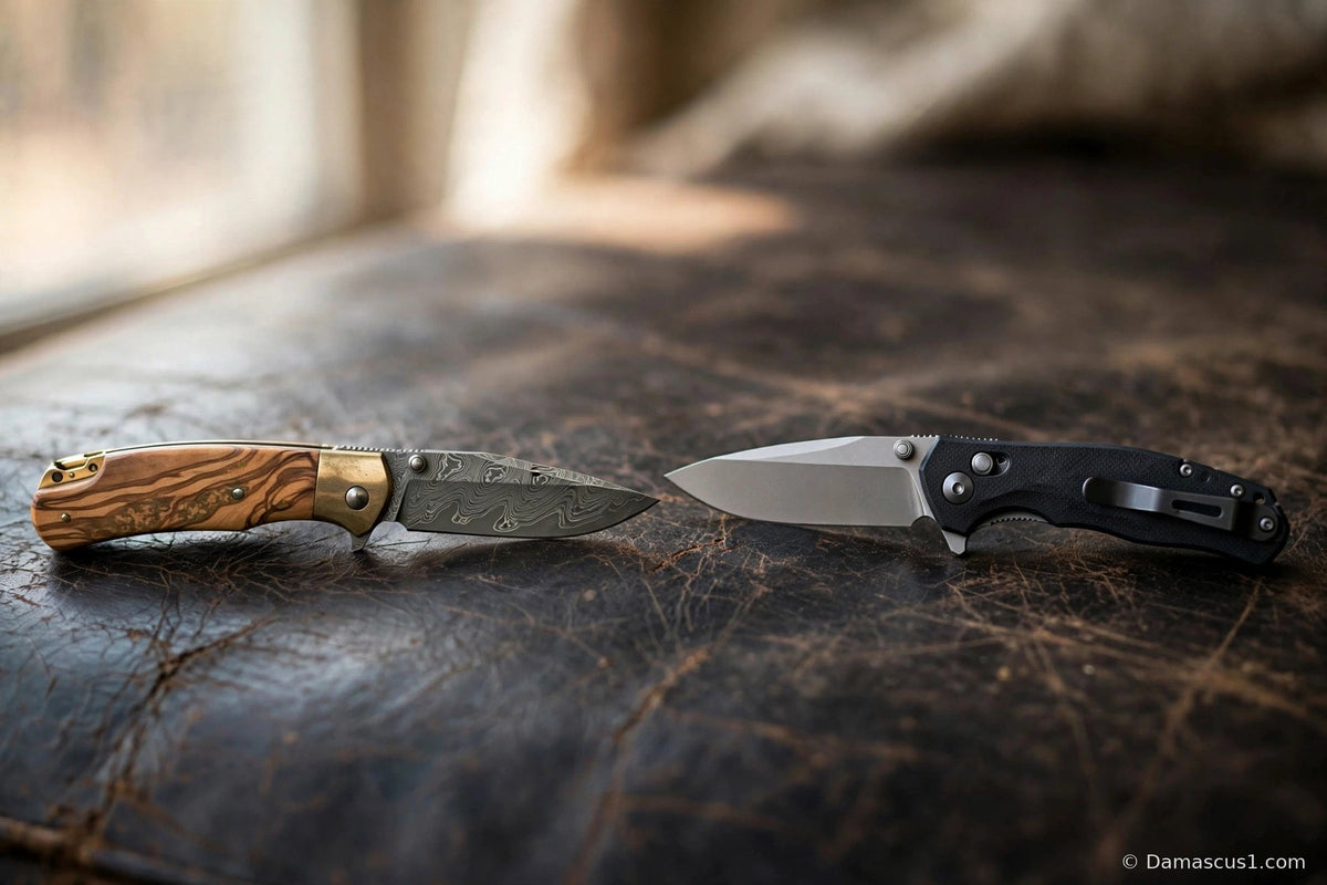 Editorial concept of two folding knives on leather; hardware is not a model specification