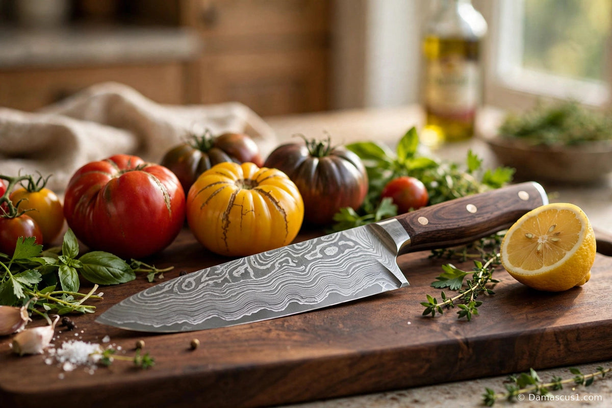 A chef knife with a wavy Damascus-pattern blade resting on a walnut cutting board with heirloom tomatoes, herbs and a halved lemon in warm window light