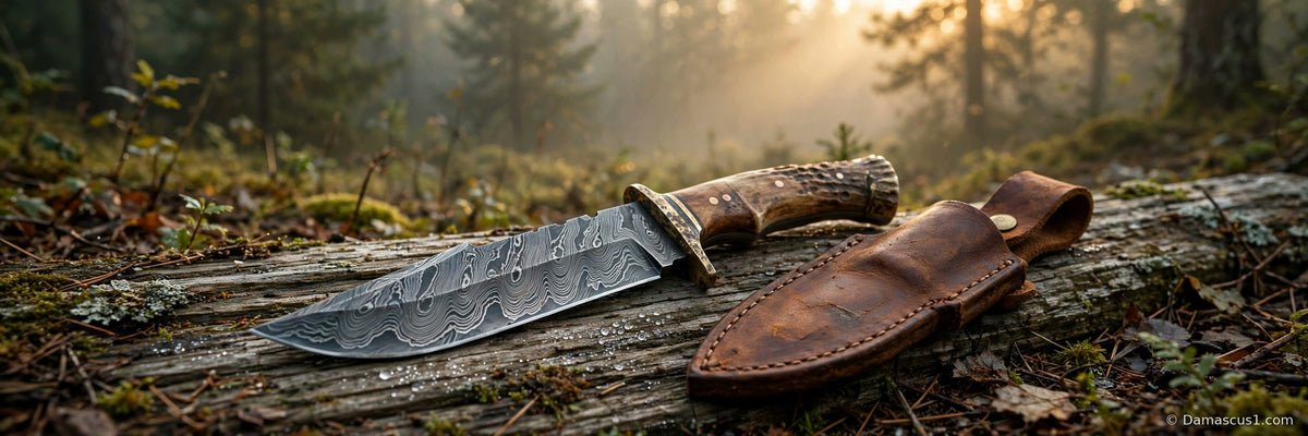 Handmade Damascus hunting knife with a flowing layered blade resting on weathered wood beside its leather sheath at dawn in a forest clearing — cover image for the best Damascus hunting knife guide