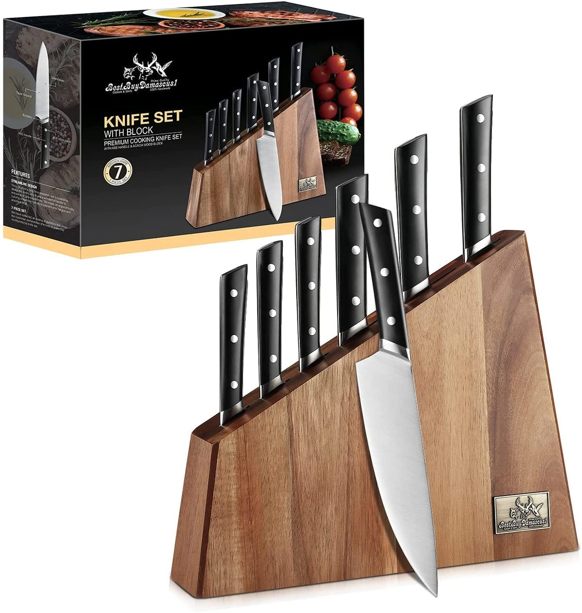 Existing catalogue image showing a knife block, dark-handled knives and packaging