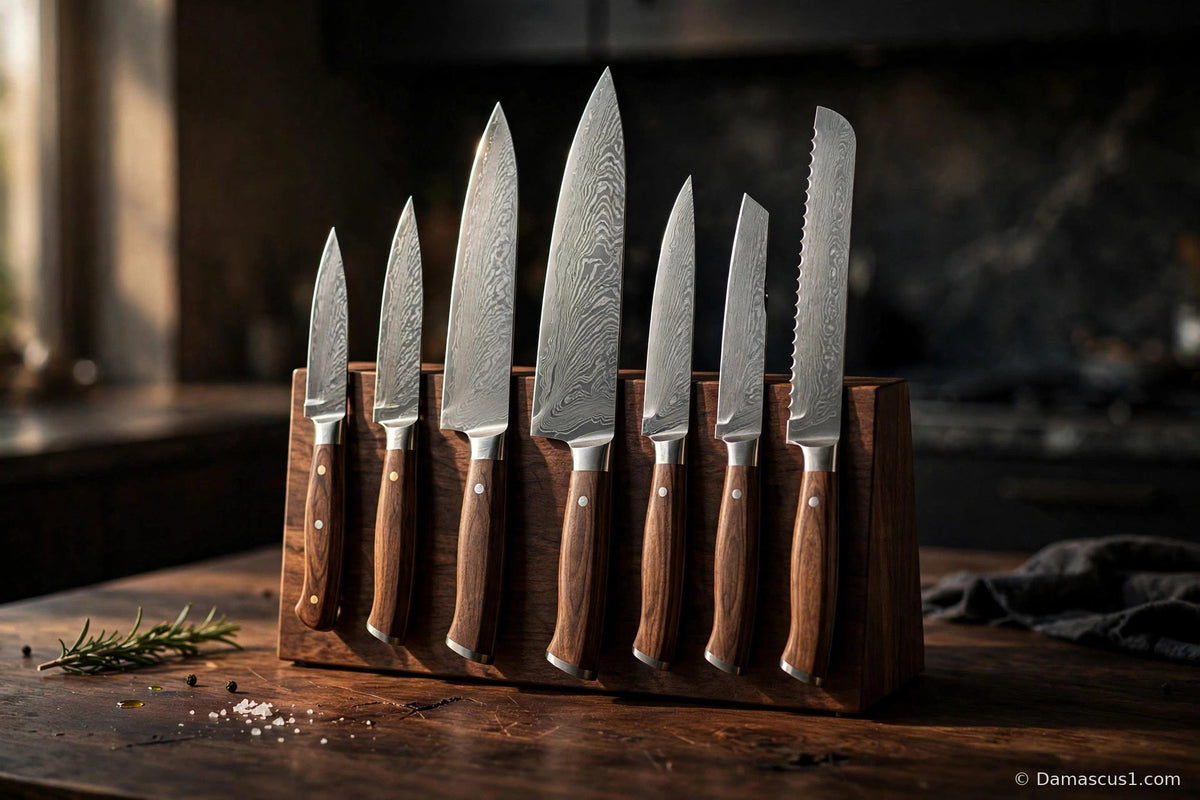 Best knife set cover — Damascus steel knife block set with layered-pattern knives fanned on a bright modern kitchen counter with fresh herbs