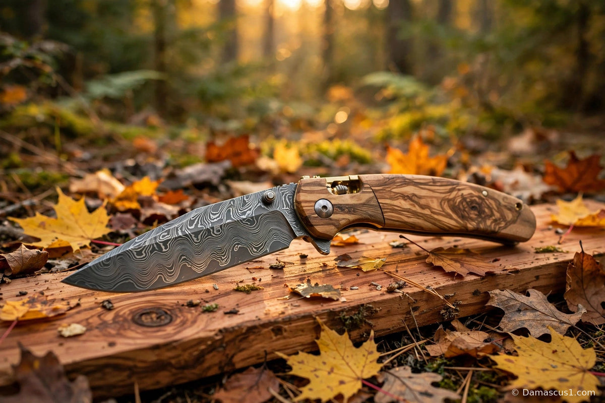 An open folding pocket knife with an olive wood handle and Damascus-pattern blade on a cedar plank among autumn leaves in a sunlit forest