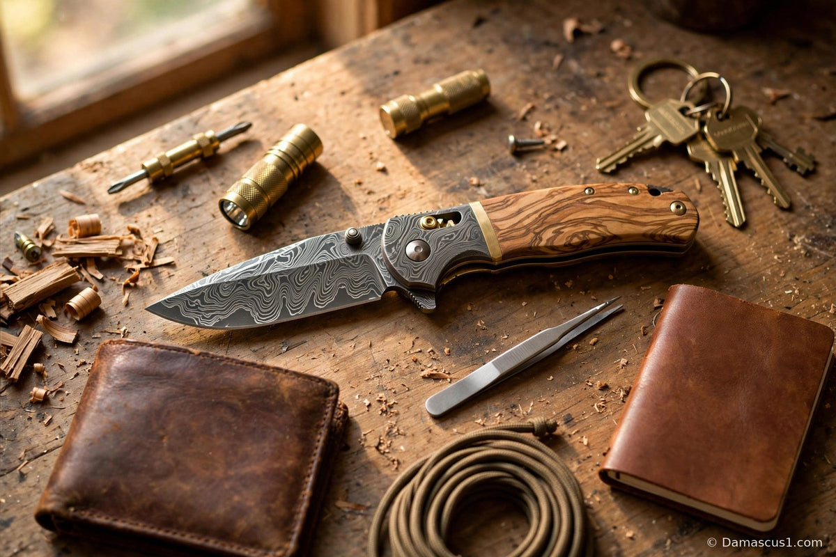 Best pocket knife under $50 hero banner — handmade Damascus steel folding knife with olive wood handle on a workbench in an everyday carry flat lay
