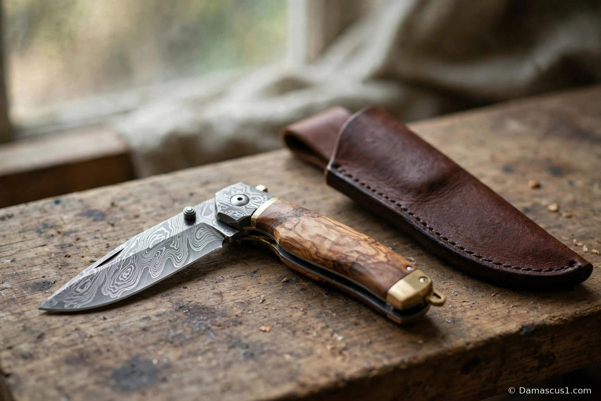 Open Damascus steel folding pocket knife with a figured wood handle resting on a worn wooden workbench beside a stitched leather sheath