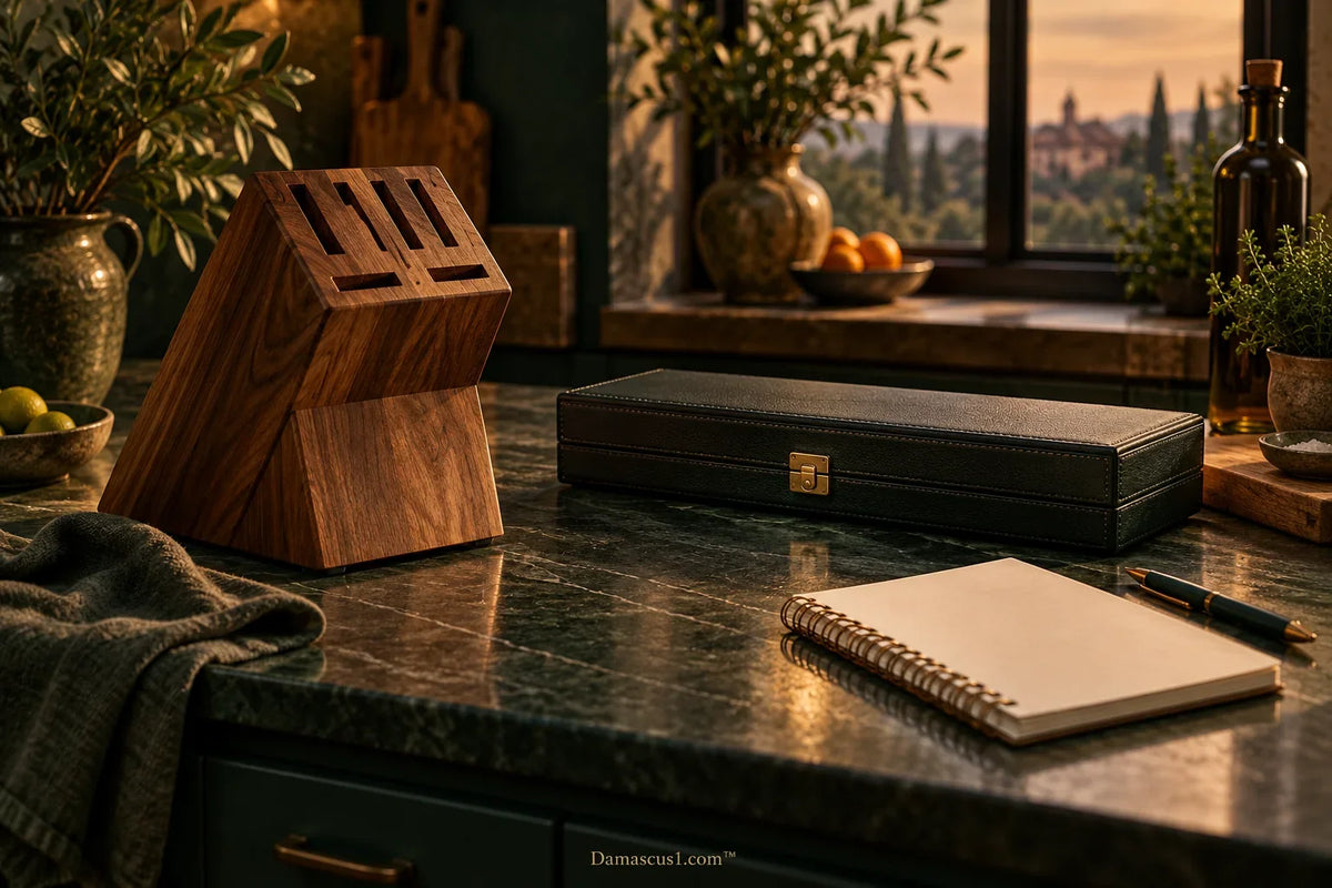 AI-generated editorial illustration: Purchase notebook beside an empty block and closed case