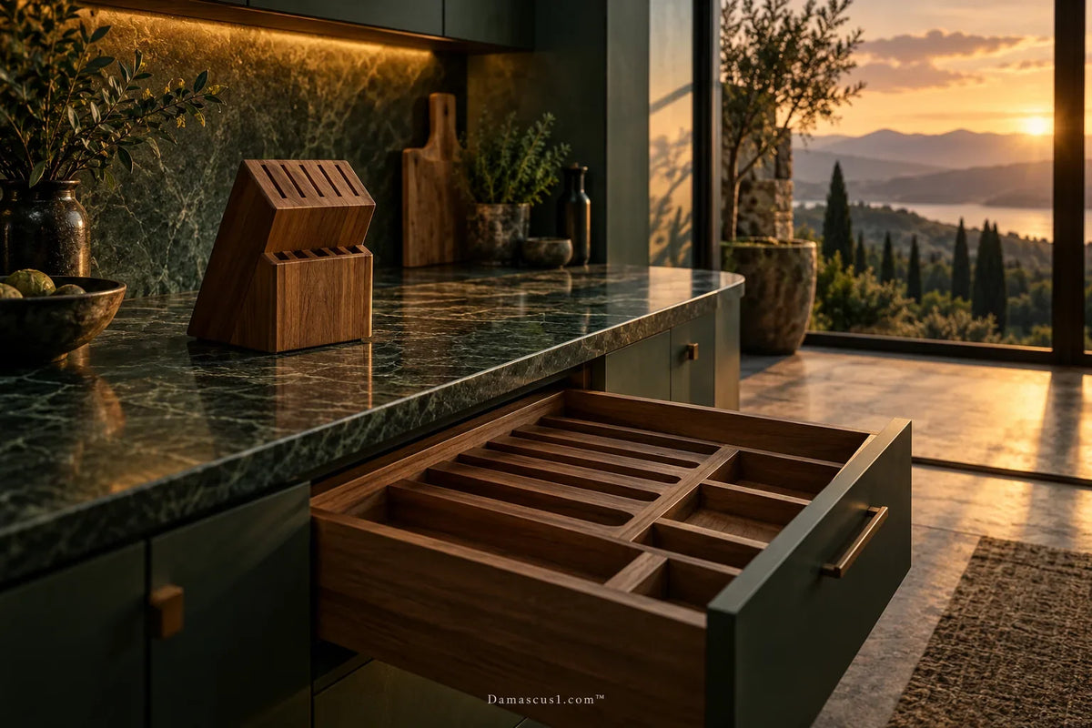 AI-generated editorial illustration: Countertop block and open drawer organizer in a planning illustration