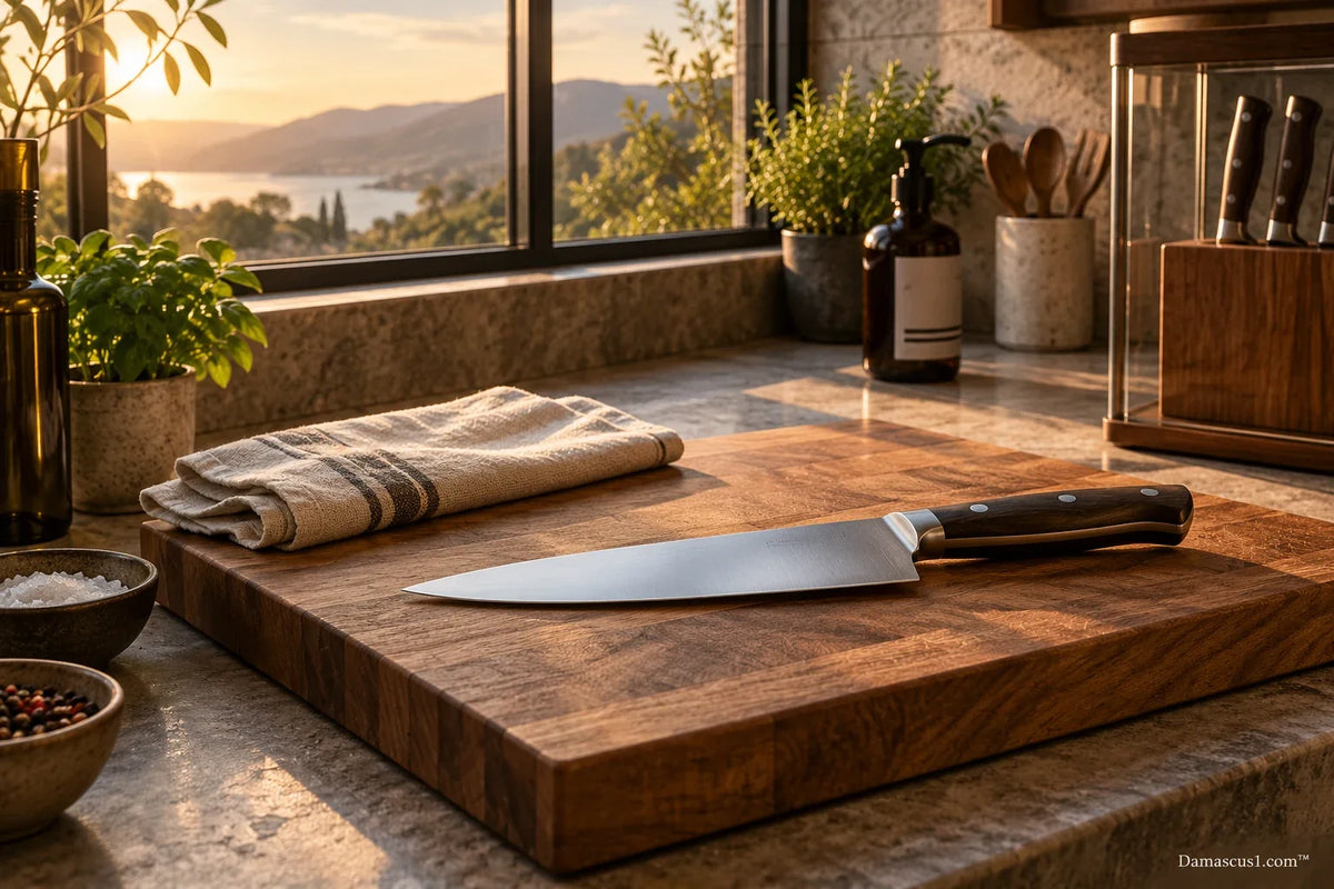 AI-generated editorial illustration of a clean generic kitchen knife and a dry towel