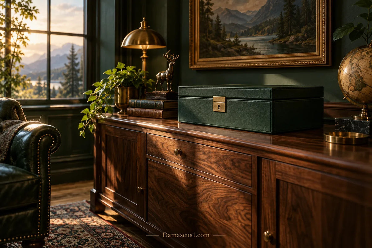 Concept illustration of a closed storage case in a walnut study
