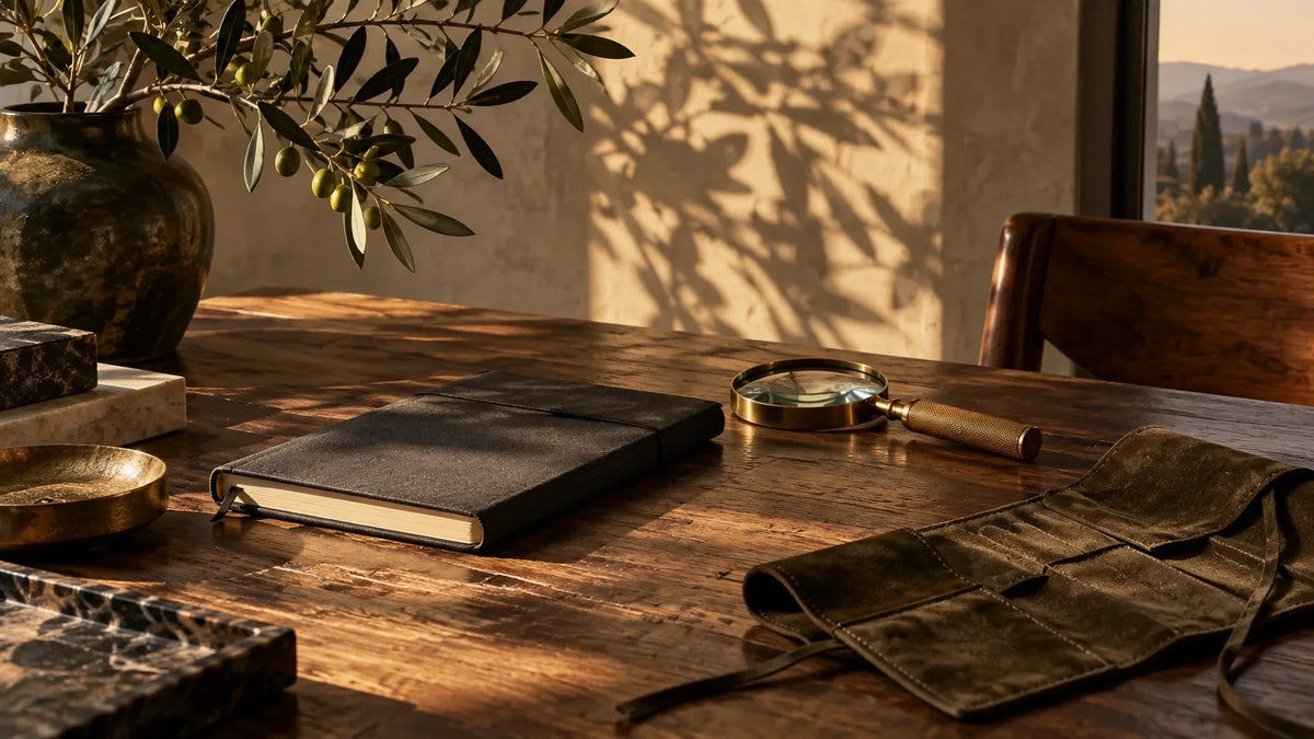 Modern collector's desk with a closed charcoal field notebook