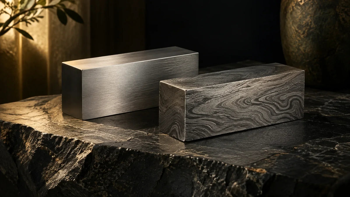 Architectural still life of two unsharpened rectangular steel sample blocks