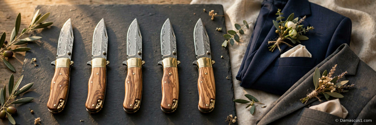 A matched row of Damascus pocket knives with olive wood handles laid beside wedding suit jackets and boutonnieres — cover image for the groomsmen knife gift guide