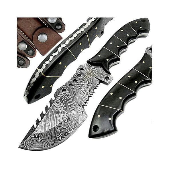 Damascus tracker hunting knife with black buffalo horn handle shown from three angles with its leather sheath on a white background — cover image for the best hunting knife under $100 guide