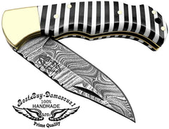Pocket Knife Damascus Steel Knife Black & White Small Lines 6.5" Pocket Knives