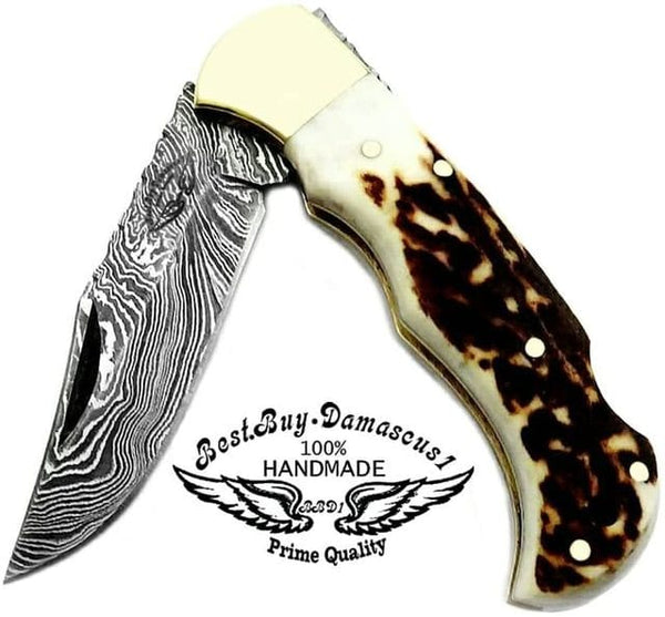 Custom Handmade Damascus Steel Folding Pocket Knife with Antler