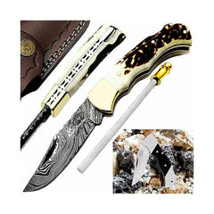 knife 6.5" Deer Antler Horn Folding Pocket Knife Custom Handmade Damascus pocket knife Hunting folding knife set Premium Quality