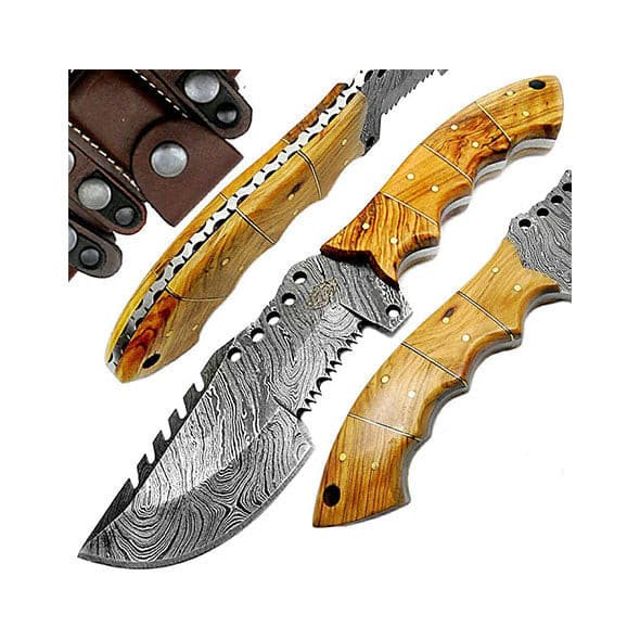 Olive Wood Damascus Tracker fixed blade knife with olive wood handle and patterned Damascus blade, real studio product photo, watermarked © Damascus1.com