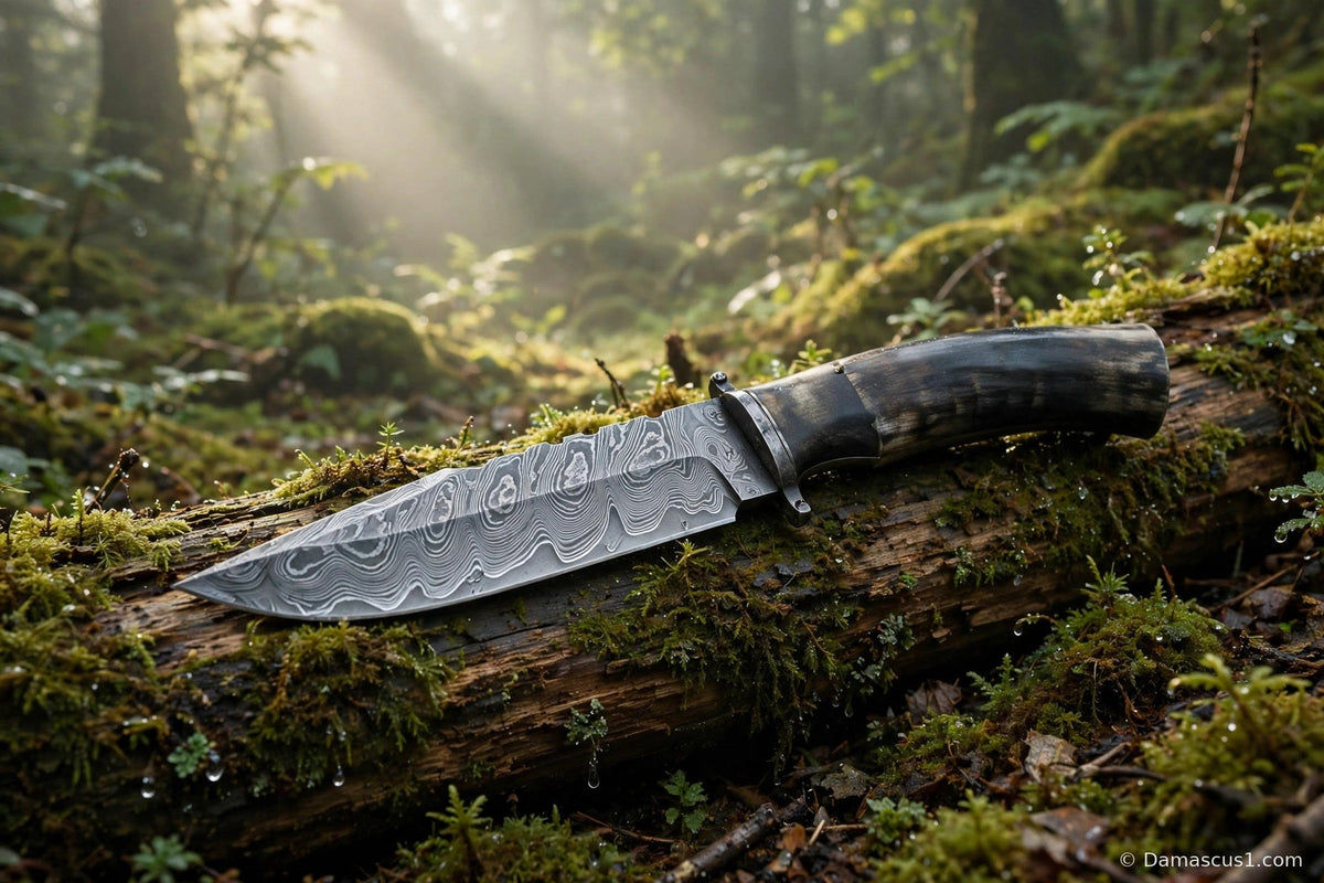 A fixed blade knife with a Damascus-pattern blade and dark horn handle resting on a mossy log in a sunlit forest