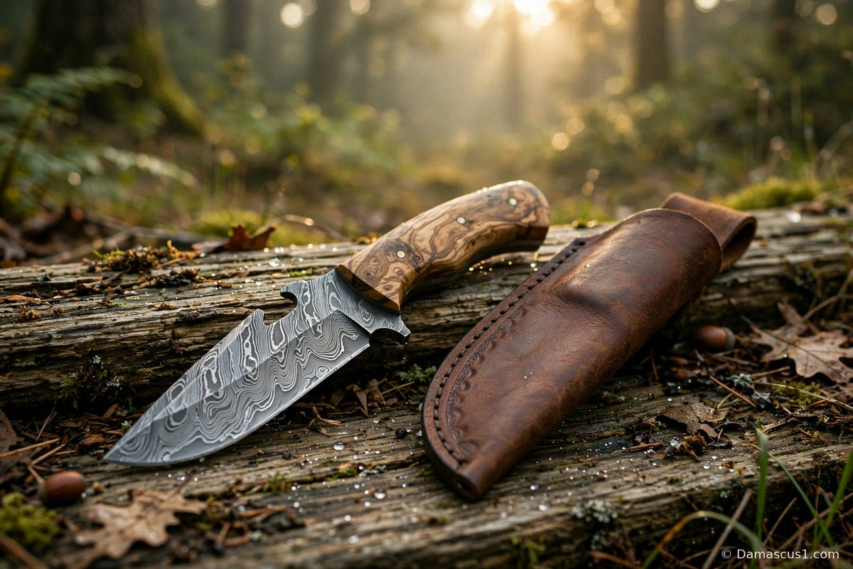 Handmade Damascus steel tracker hunting knife with olive wood handle and layered blade resting on weathered wood beside its leather sheath at dawn in a forest clearing — cover image for the best hunting knife guide