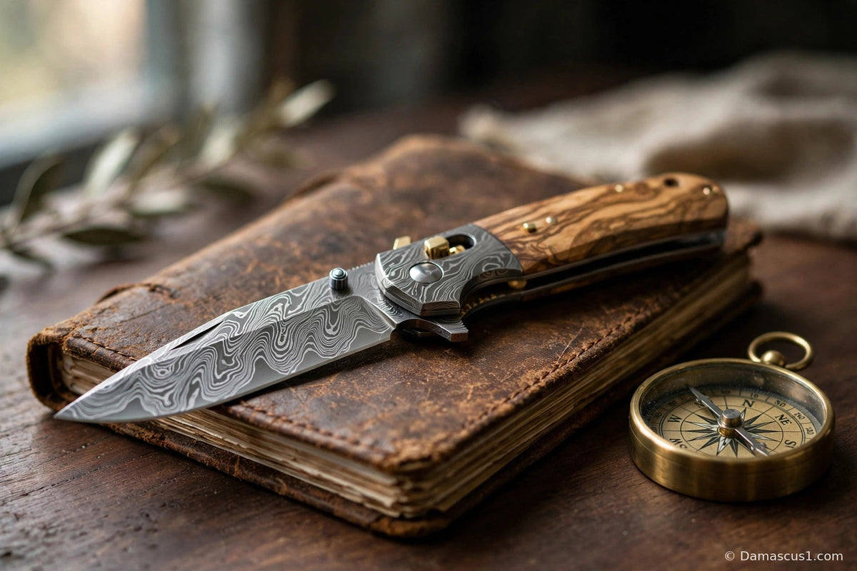 Handmade Damascus steel folding pocket knife with a swirling layered blade and olive wood handle on a leather journal — cover image for the best pocket knife guide