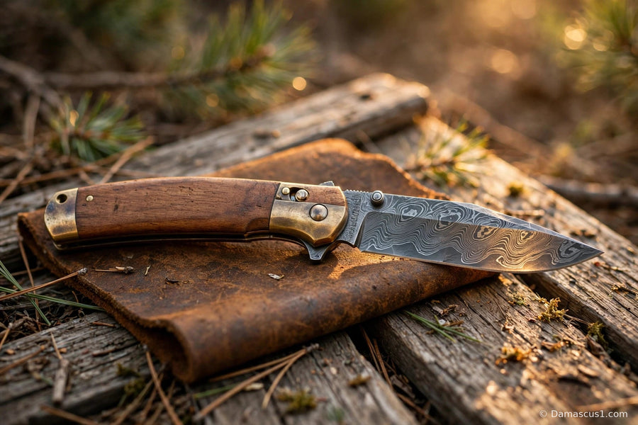 An open folding pocket knife with a Damascus-pattern blade and wood handle resting on worn leather and weathered wood outdoors at golden hour