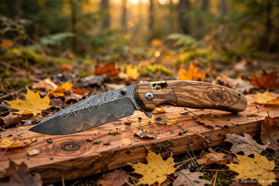 An open folding pocket knife with an olive wood handle and Damascus-pattern blade on a cedar plank among autumn leaves in a sunlit forest
