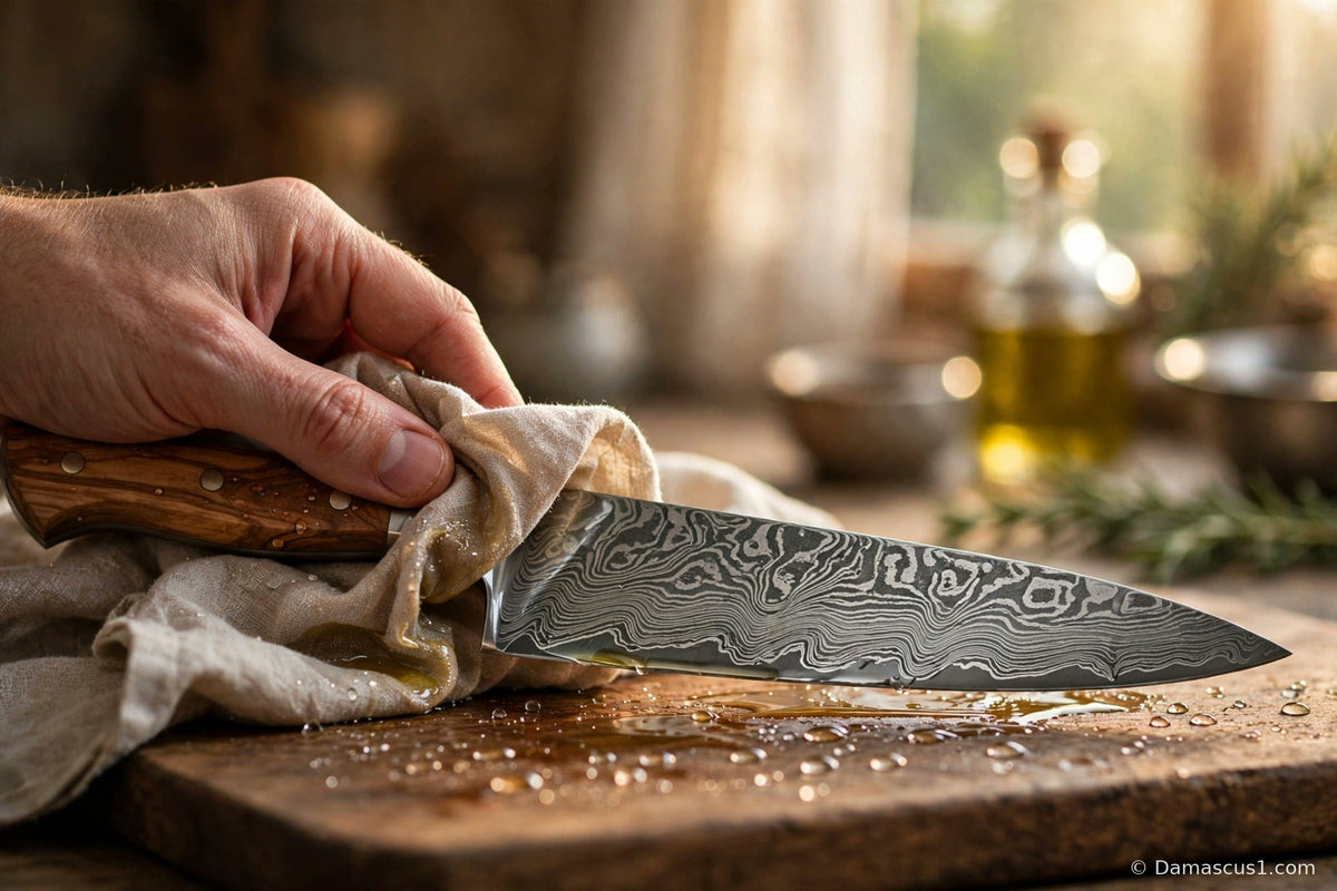 Damascus steel chef knife being wiped with a thin film of oil on a soft cloth, layered pattern gleaming in warm window light — cover image for the Damascus steel care guide