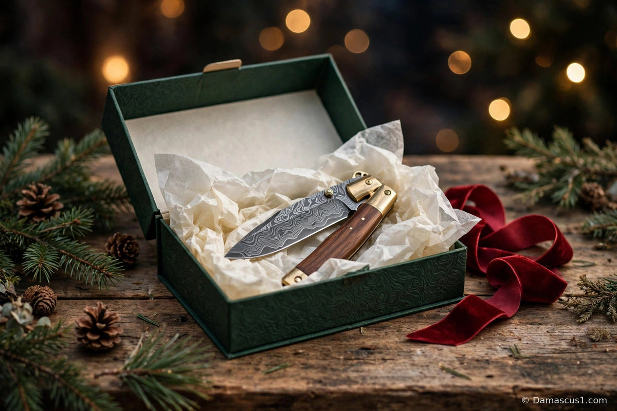 An open green gift box with a Damascus-pattern folding knife nestled in tissue paper, red ribbon, pine cones and evergreen sprigs around it, warm Christmas lights behind