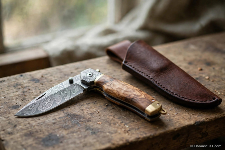 Open Damascus steel folding pocket knife with a figured wood handle resting on a worn wooden workbench beside a stitched leather sheath