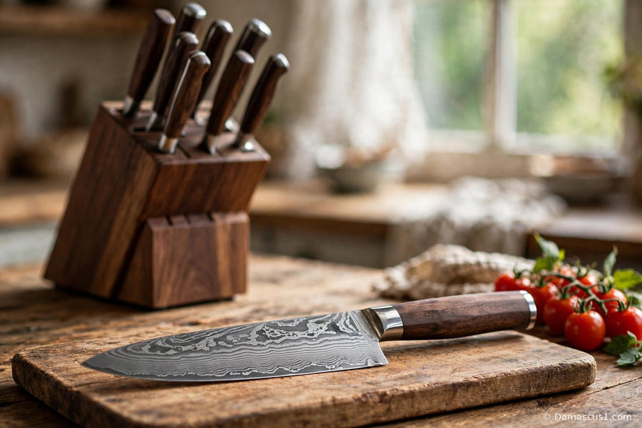 A wooden knife block on a kitchen counter with its knives stored inside, only their dark wood handles visible, and one Damascus chef knife lying flat on a wooden cutting board beside cherry tomatoes on the vine