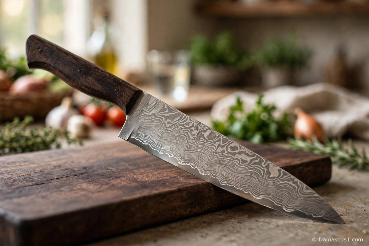 Damascus steel chef knife with a dark wood handle resting on a walnut cutting board in a warm kitchen, layered blade pattern in clear view