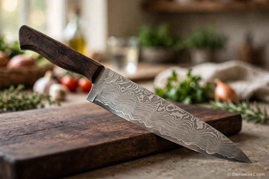 Damascus steel chef knife with a dark wood handle resting on a walnut cutting board in a warm kitchen, layered blade pattern in clear view