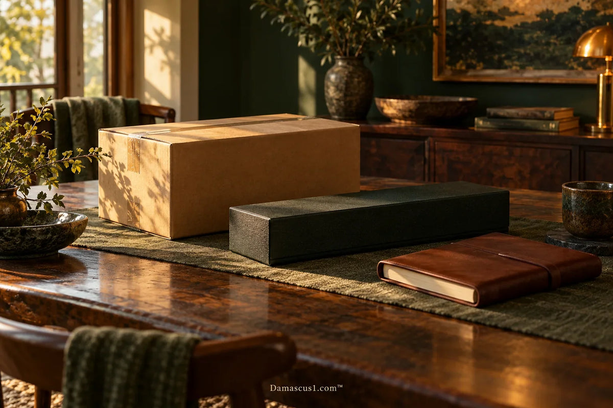 AI-generated editorial illustration: Closed parcel and presentation box on a receiving table