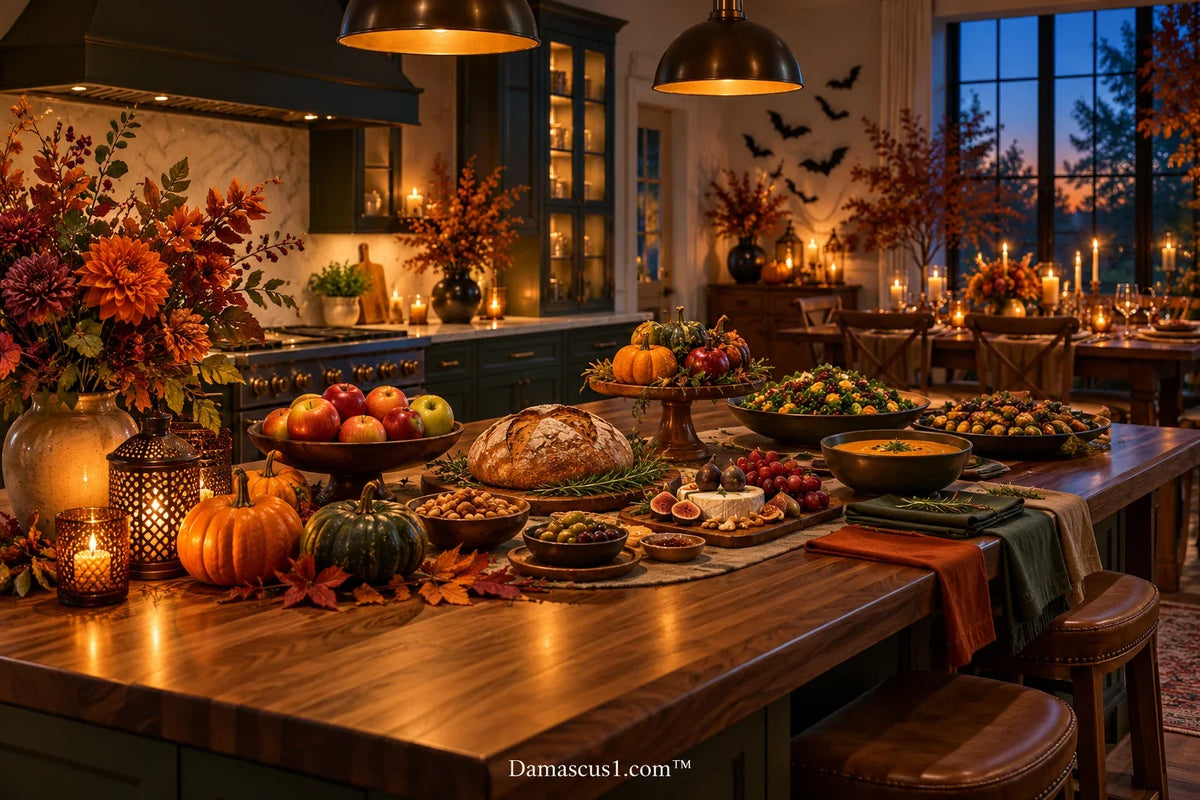 AI-generated editorial illustration of an autumn kitchen arranged for Halloween hosting; not a product photograph.