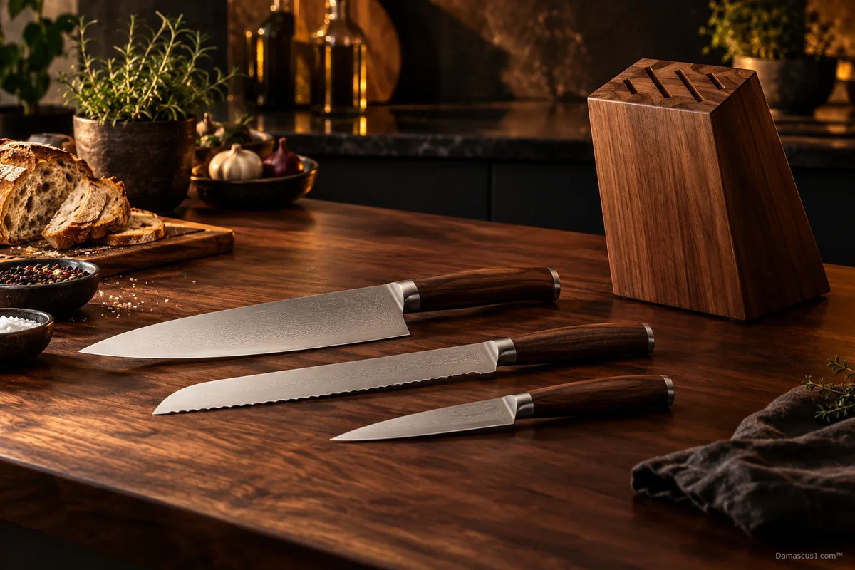 AI-generated editorial illustration of generic kitchen knives and a storage block