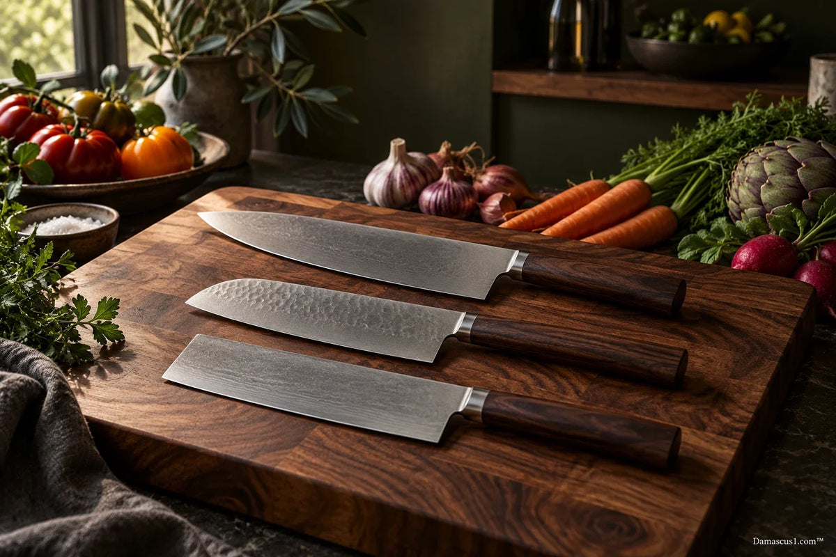AI-generated editorial illustration of generic chef, santoku and nakiri knife shapes on a wooden board