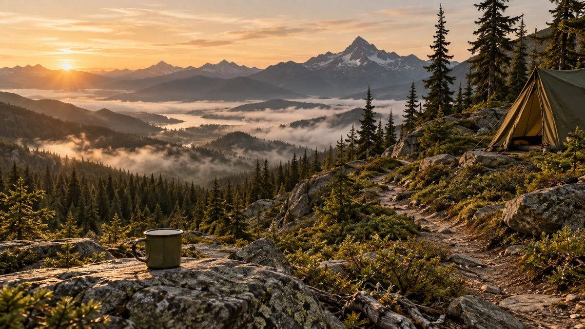 Expansive mountain campsite above a misty pine valley at sunrise