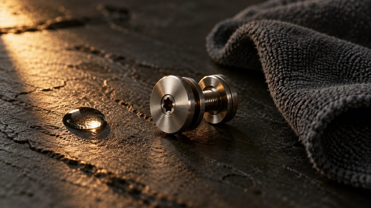 Macro photograph of clean silver pivot hardware and a soft folded charcoal microfiber cloth on a dark slate work surface