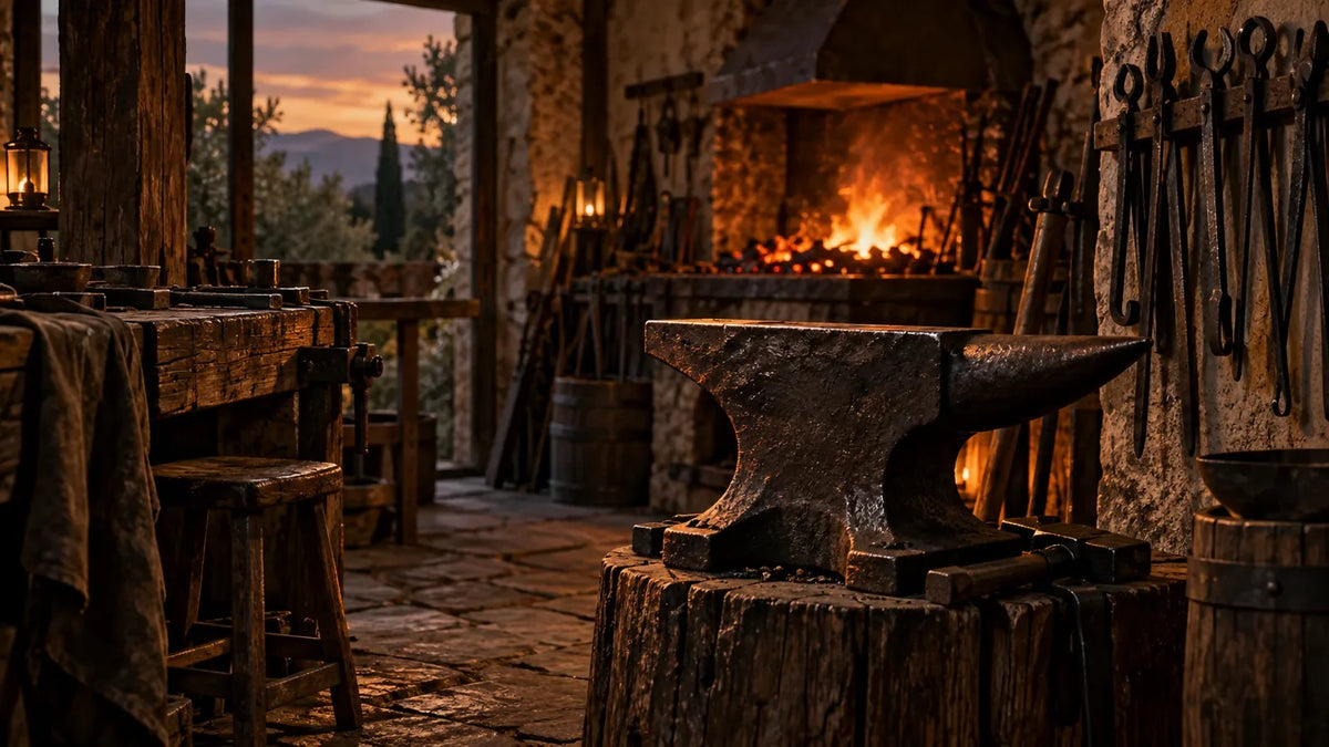 Cinematic artisan workshop interior at dusk with a dark anvil silhouette