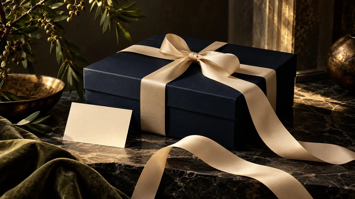 Luxury gift wrapping atelier with dark midnight-blue rigid gift box closed