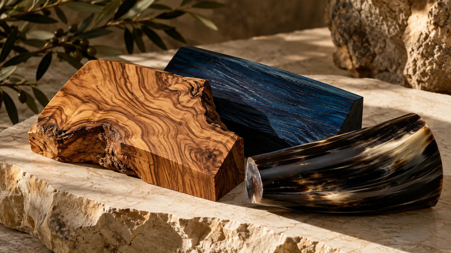 Editorial cover for Pocket Knife Handle Materials Compared: Olive Wood, Buffalo Horn, Camel Bone, Antler and More
