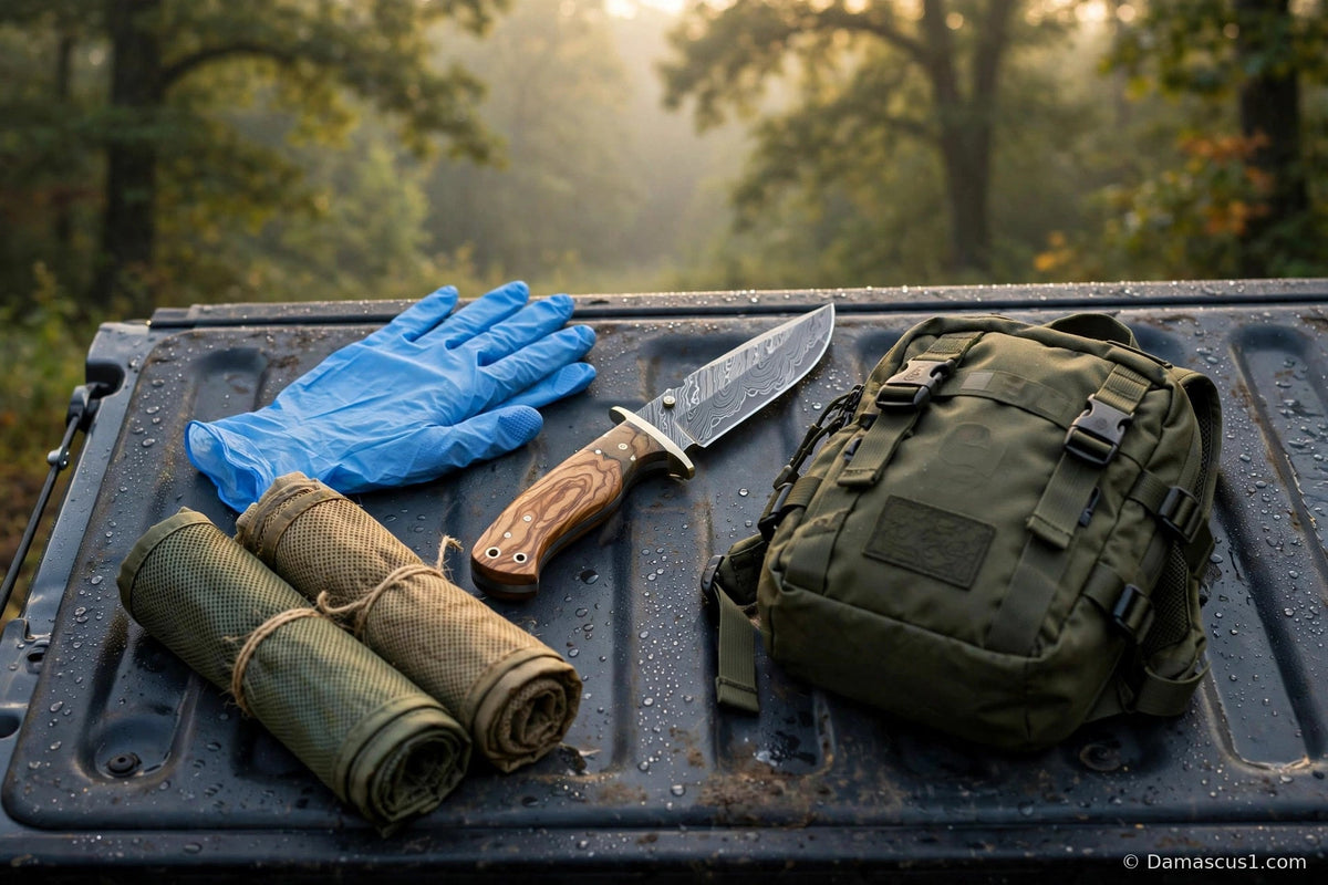 Hunter's field kit at dawn with a Damascus fixed-blade knife, gloves, and game bags on a tailgate for field dressing a deer