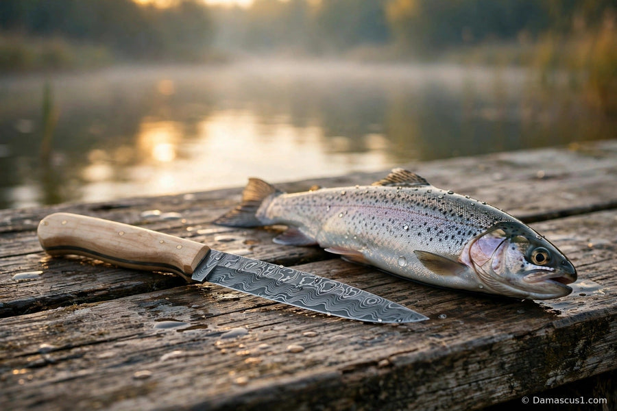 Slender Damascus steel fillet knife with a light wood handle resting beside a whole fresh trout on a weathered wooden dock board at sunrise