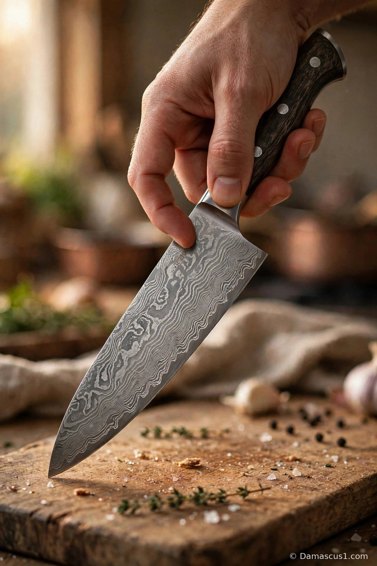 Hand holding a Damascus chef knife in a pinch grip over a wooden cutting board in warm kitchen light