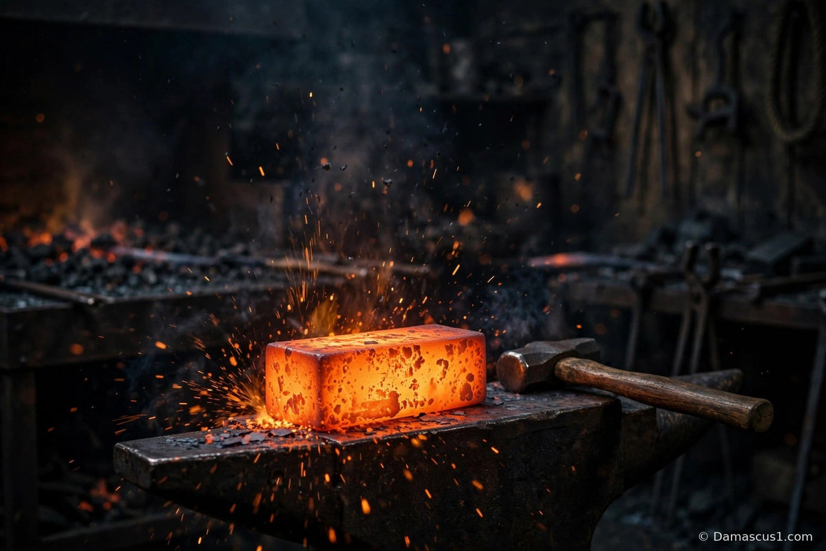 A glowing orange-hot steel billet on an anvil in a blacksmith forge, hammer beside it and sparks in the air