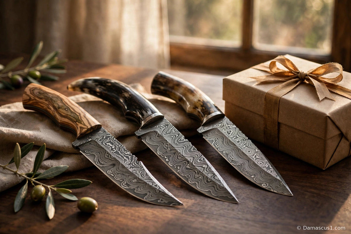 Handmade Damascus steel knives arranged as an elegant gift display with a ribboned gift box on a walnut table — cover image for the knife gift for men guide
