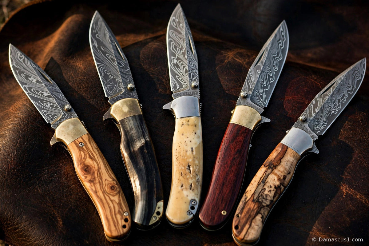 Editorial concept of folding knives with contrasting handle appearances on leather