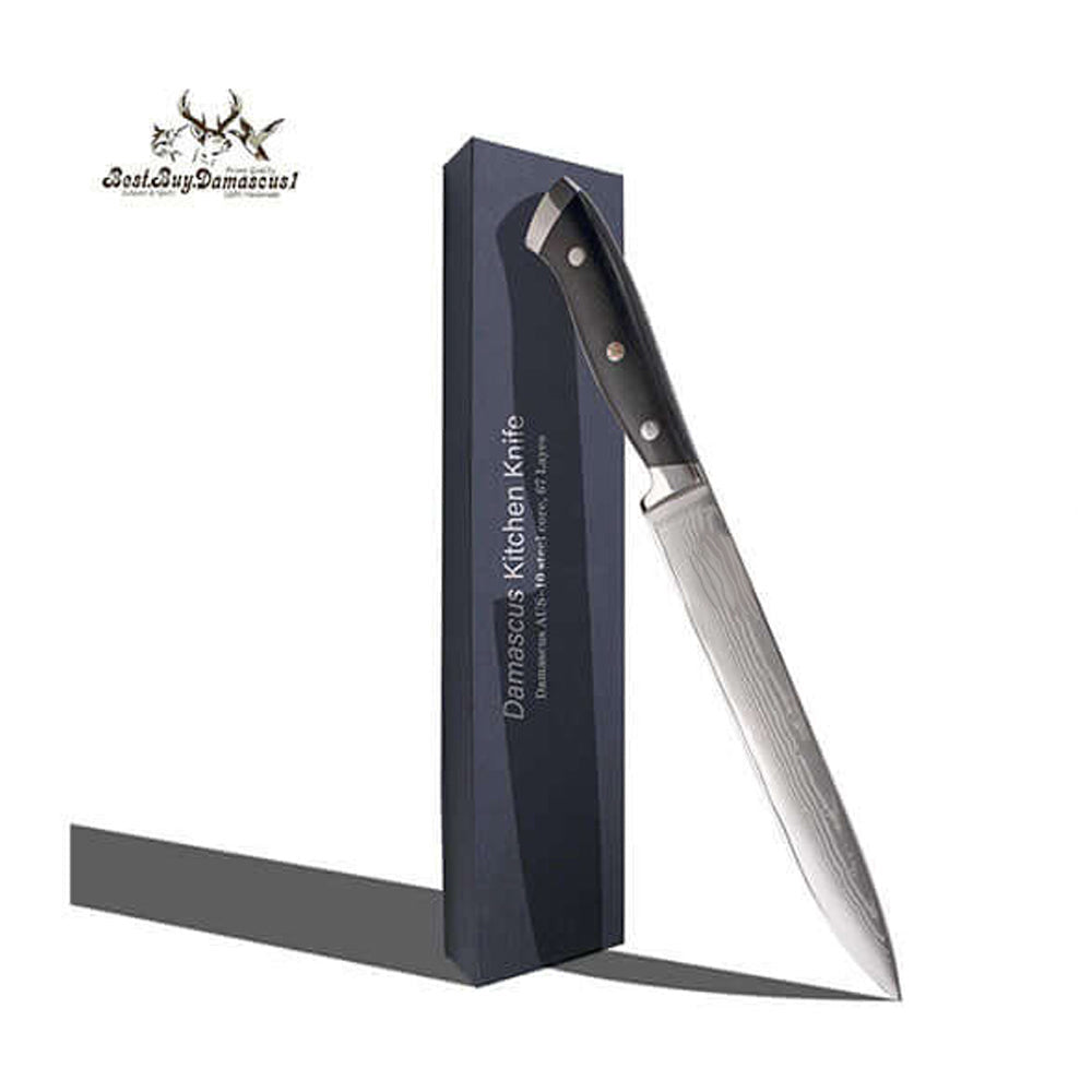 G10 handle Damascus chef knife with black handle and silver bolster beside its box — how to hold a chef knife, starting with the real knife