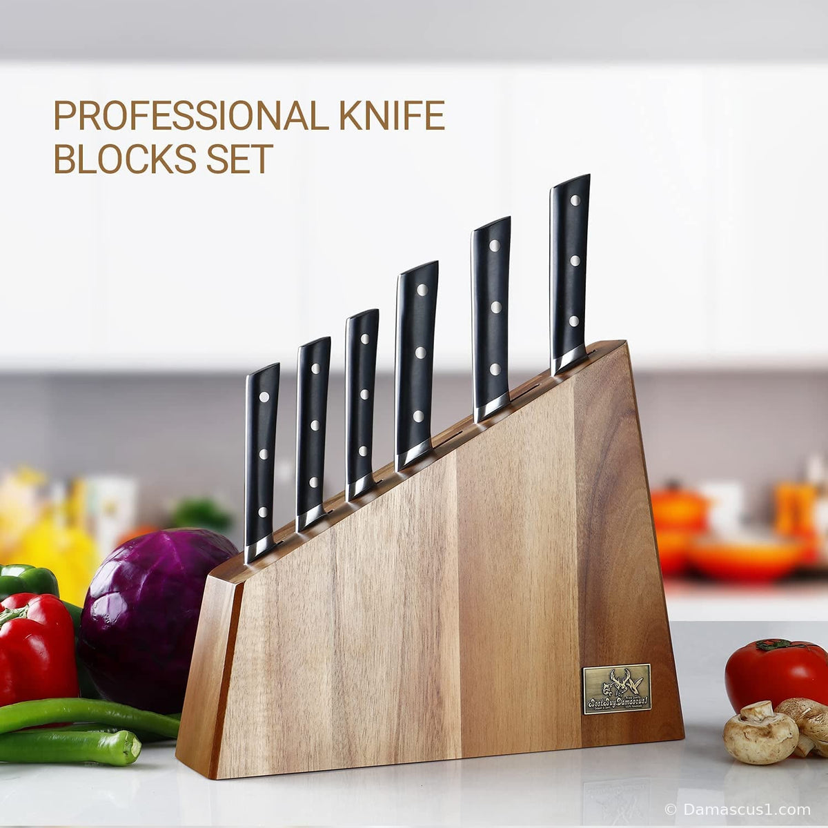 Premium 7-piece knife set with black handles — two knives fanned in front of the acacia wood wedge block on a kitchen counter — cover image for the best knife set guide