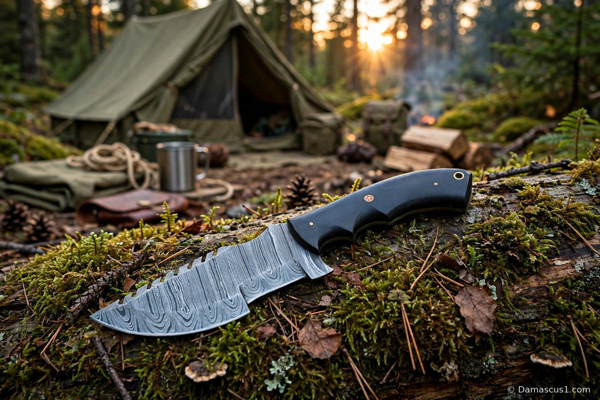 Damascus tracker knife resting on a mossy log at golden hour in a forest camp