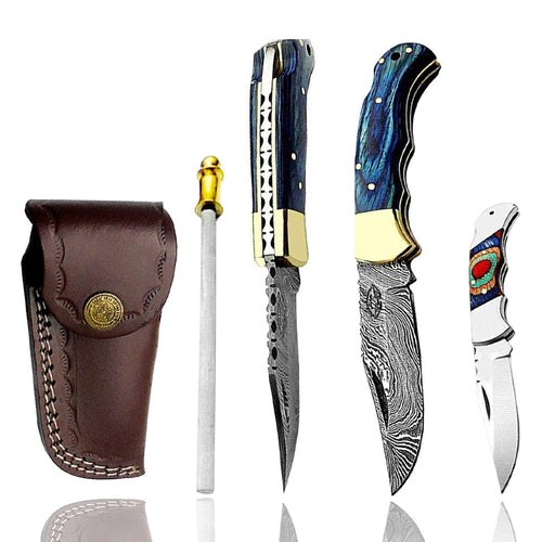 Blue Wood Damascus Pocket Knife Set